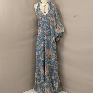 Romantic Floral 70s Vintage Gown Halter Maxi Dress Prom Party Sexy & Sweet Sz2-4